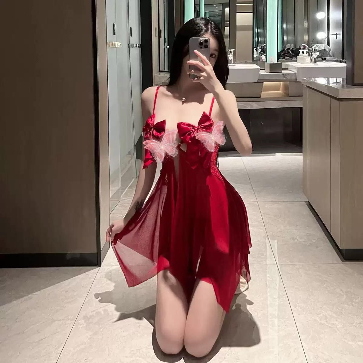 蝴蝶结前开衩性感镂空网纱睡裙女夏季红色纯欲风