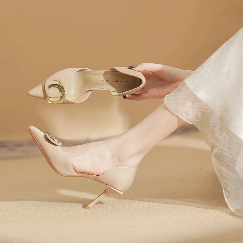 151-300真皮黑色水钻高跟鞋女尖头细跟气质名媛绸缎宴会V口单鞋