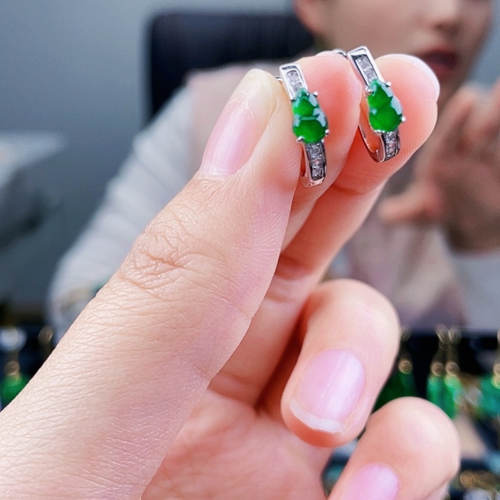 翡翠耳饰银S925镶嵌饰品