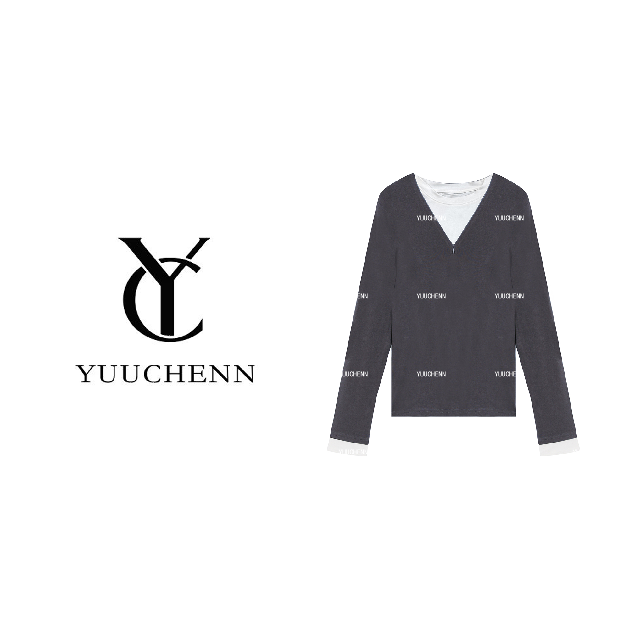 YUUCHENN 简约撞色两件V领百搭长袖T恤 2568673