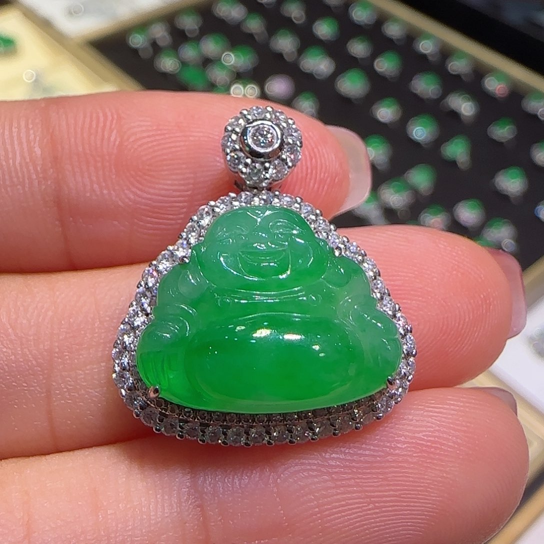 翡翠吊坠(不含链)18K金镶嵌佛公