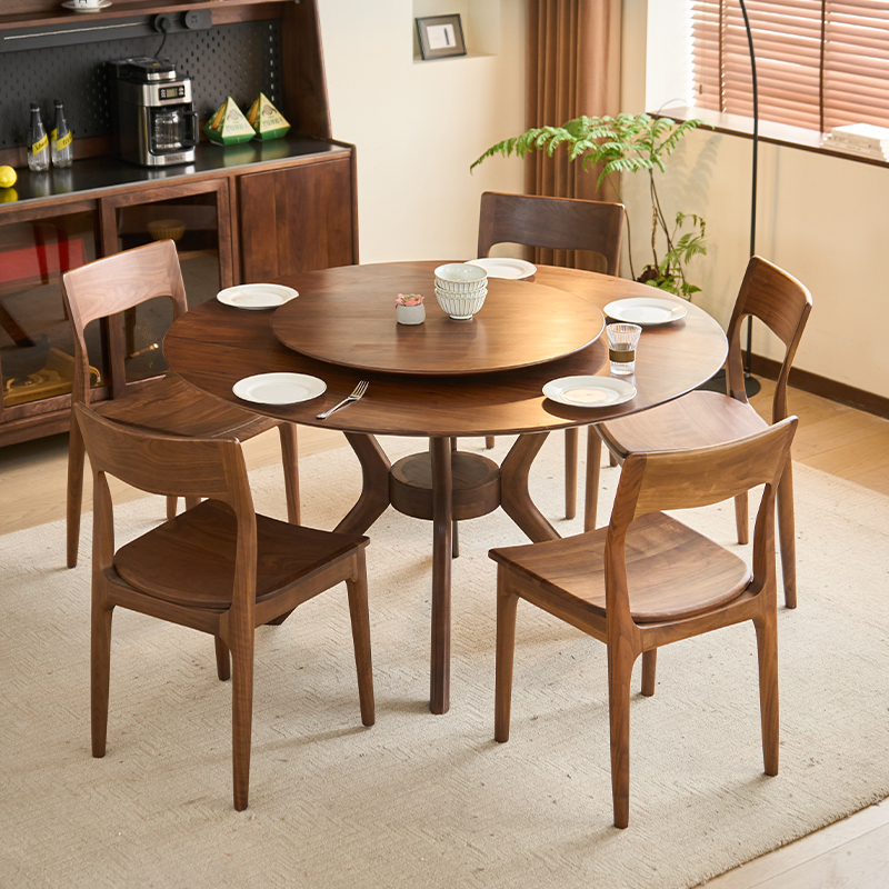 北美黑胡桃木圆餐桌带转盘家用圆桌135*135*76