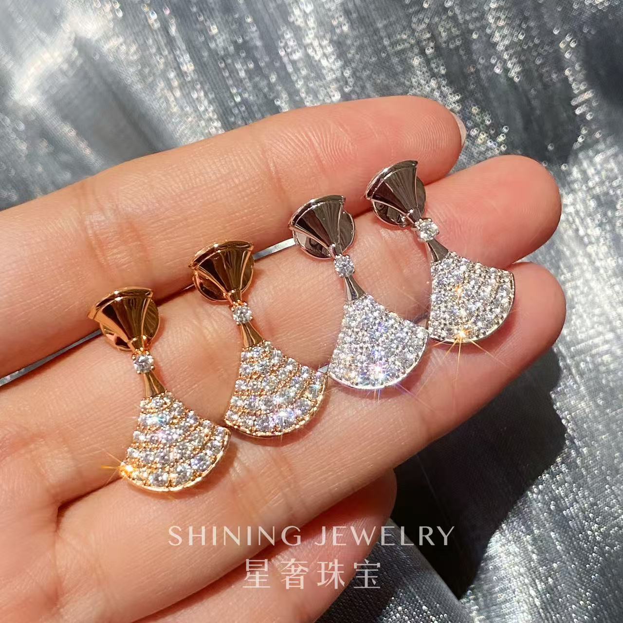 【星奢珠宝】18k金满钻裙子钻石耳饰气质轻奢时尚百搭简约天然真钻