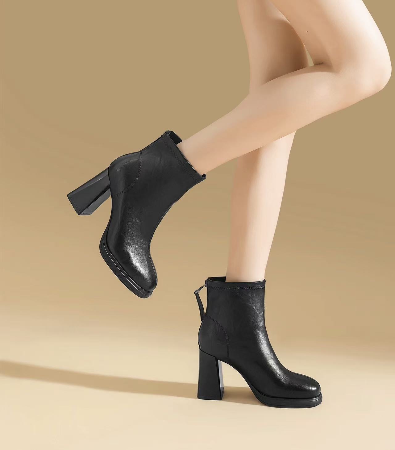 W092A高跟短靴女款新款秋冬英伦风复古时装靴气质百搭瘦瘦靴 薄绒