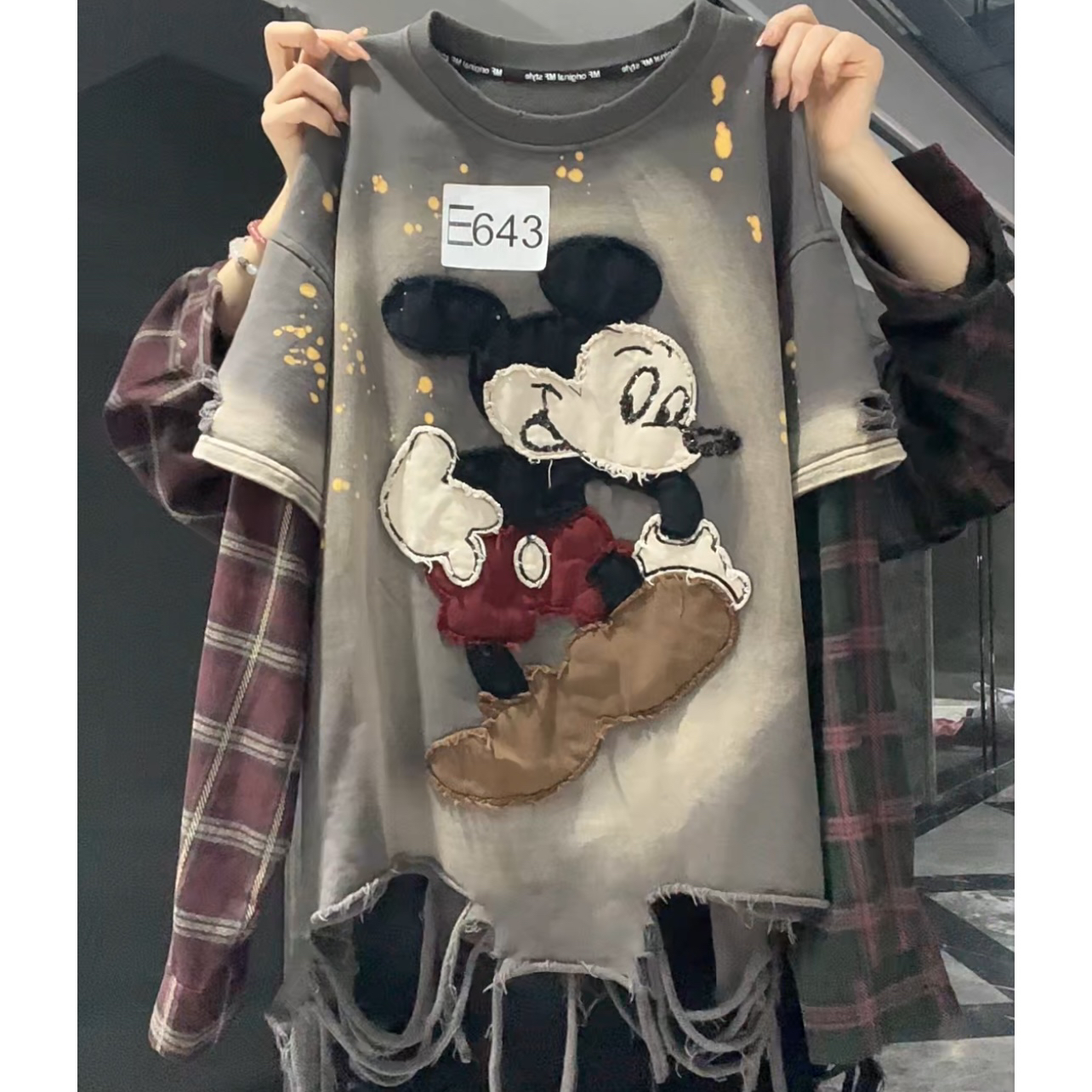 春秋新款重工亮片印花米奇贴布假两件T宽松设计韩版休闲百搭时尚