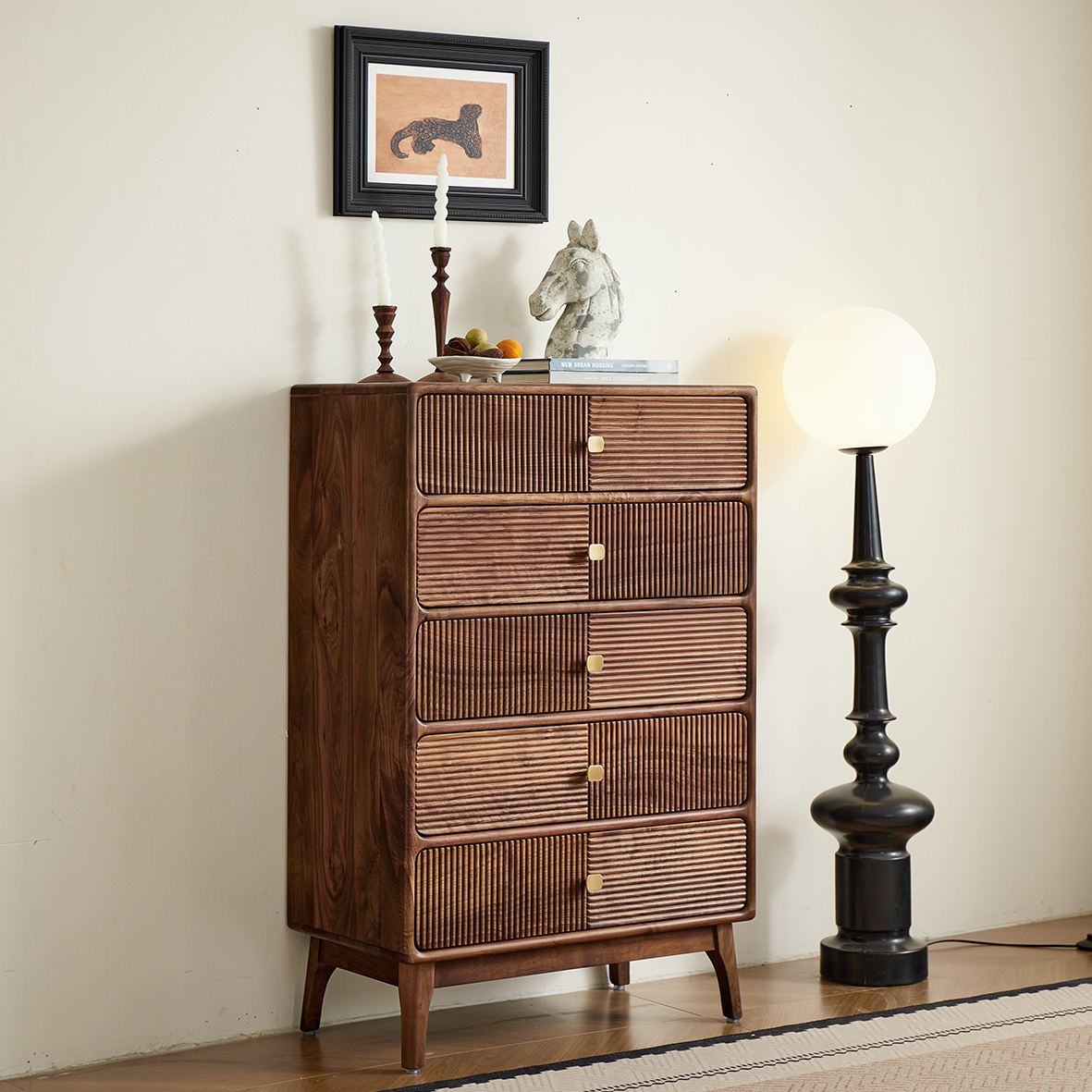 中意辰北美黑胡桃木实木铜拉手五斗柜储物柜沙发边柜客厅收纳柜