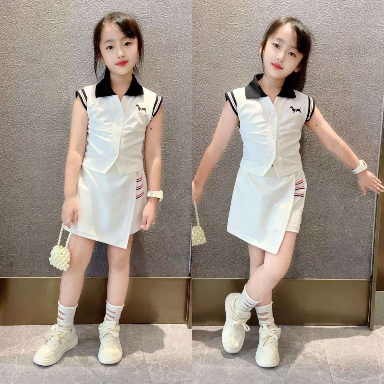 女童夏装2025新款中大童女孩时尚洋气运动无袖刺绣POLO衫裙套装