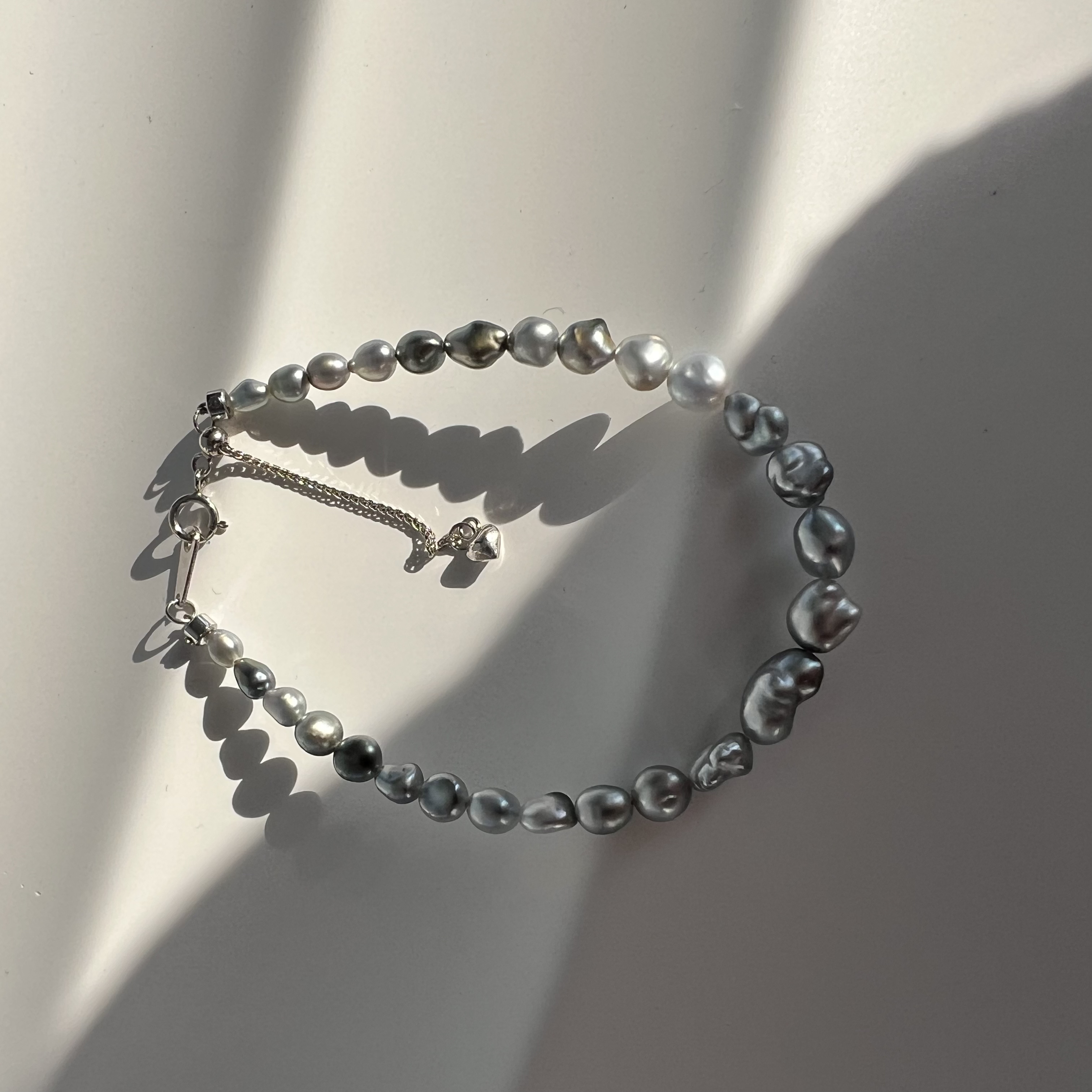 海水珍珠手链大溪地keshi手链铂金灰色异形手围16+3cm点位3.5-5mm