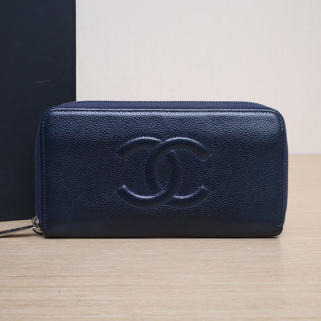 95新 Chanel/香奈儿 【双攀】蓝色16开 双C logo 拉链长款钱包