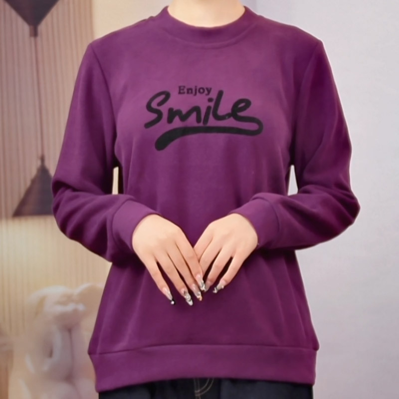 卫衣正肩袖打底植绒时尚宽松圆领印花女士休闲百搭长袖卫衣