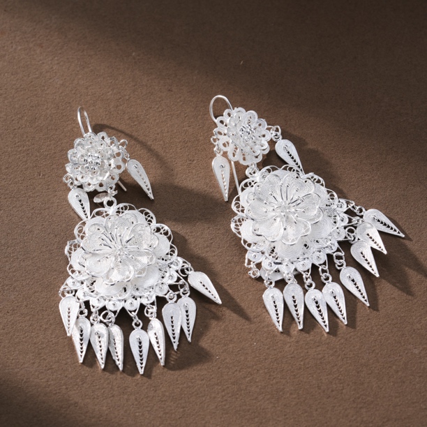 足银耳饰 足银「姚黄牡丹耳环」国风款式百搭复古女花丝工艺