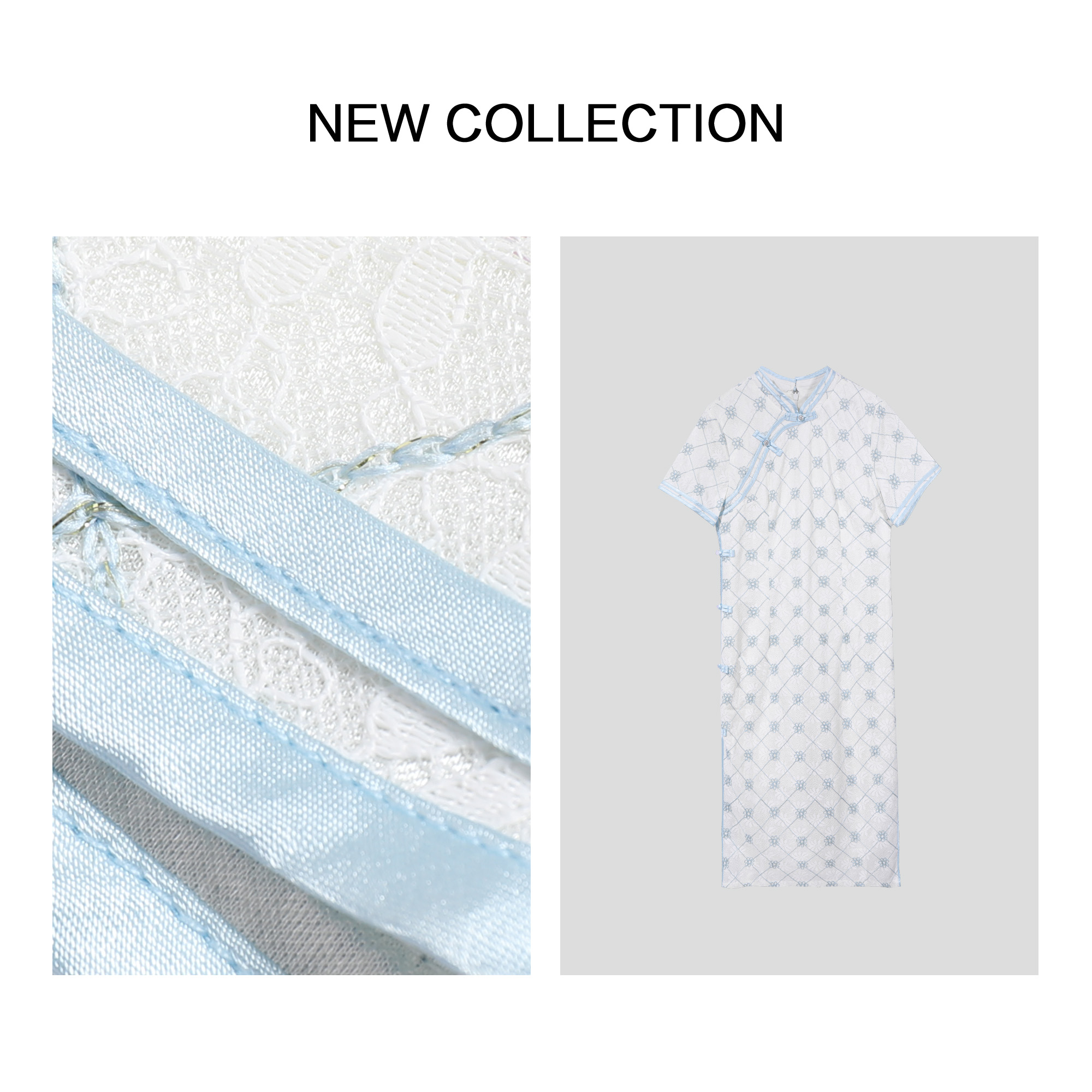 【珊珊专属】L5F26078淡蓝几何纹盘扣短袖旗袍-6078