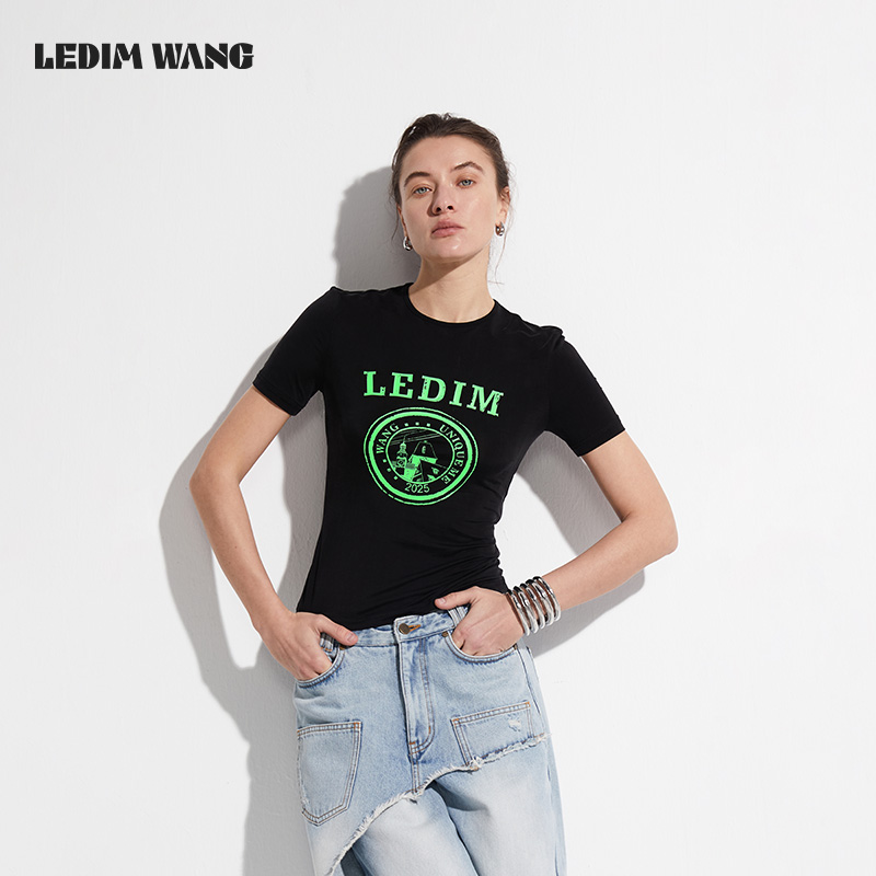 LEDIM WANG美式弹力针织印花短袖T恤女2025夏季新款修身打底上衣