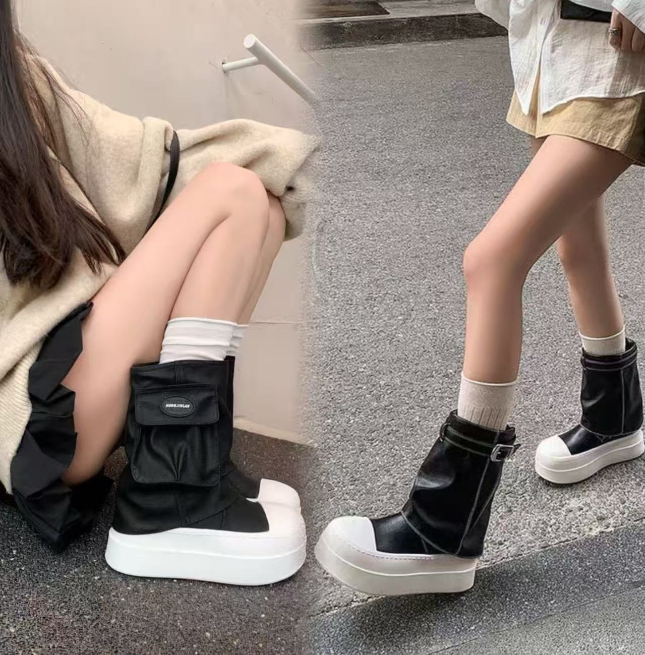 ZHIYU 新款机车风皮质短靴 厚底增高显瘦皮带扣时尚短靴女6.5cm