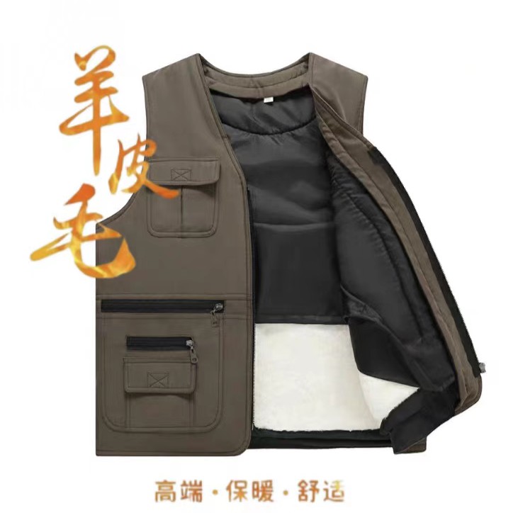 羊皮毛一体马甲男保暖厚款加厚款V领冬季修身型常规款羊毛马甲