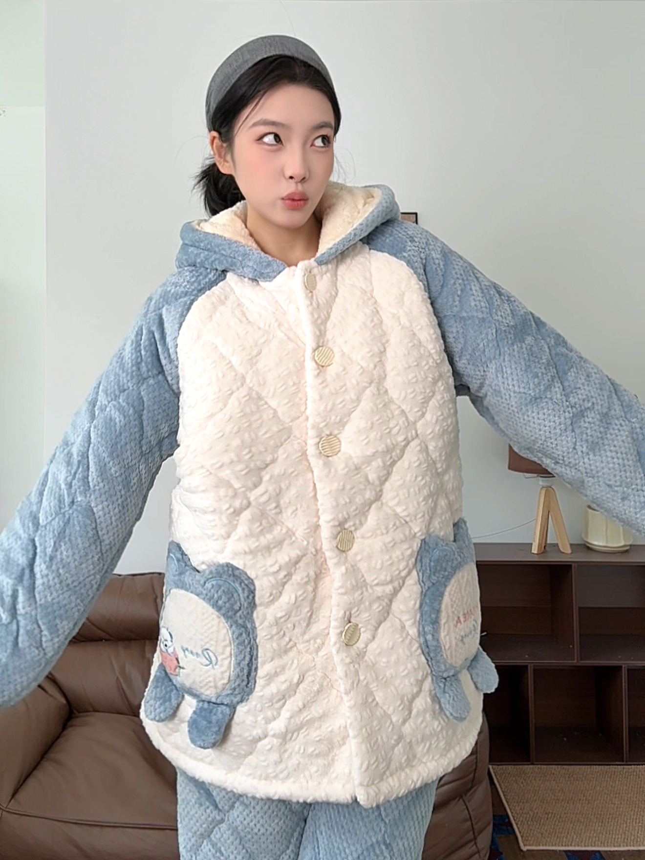 【0315 蓝熊连帽】家居服套装冬天加厚外穿中长款毛绒卡通睡衣女士