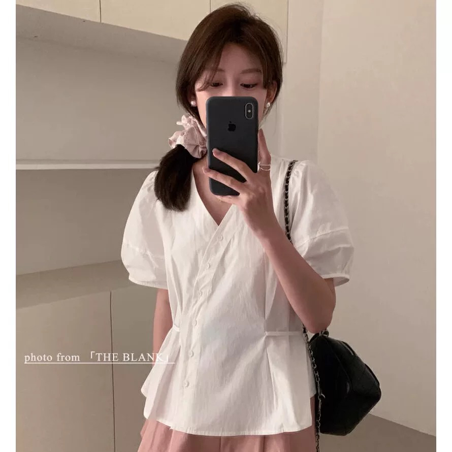 V领衬衣上衣后背收腰绑绳气质夏季显瘦宽松