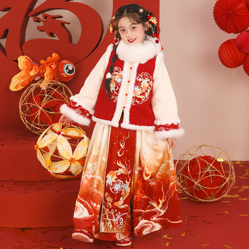 【锦鲤鸿运】汉服女童冬装宝宝中国风红色喜庆明制套装儿童拜年服