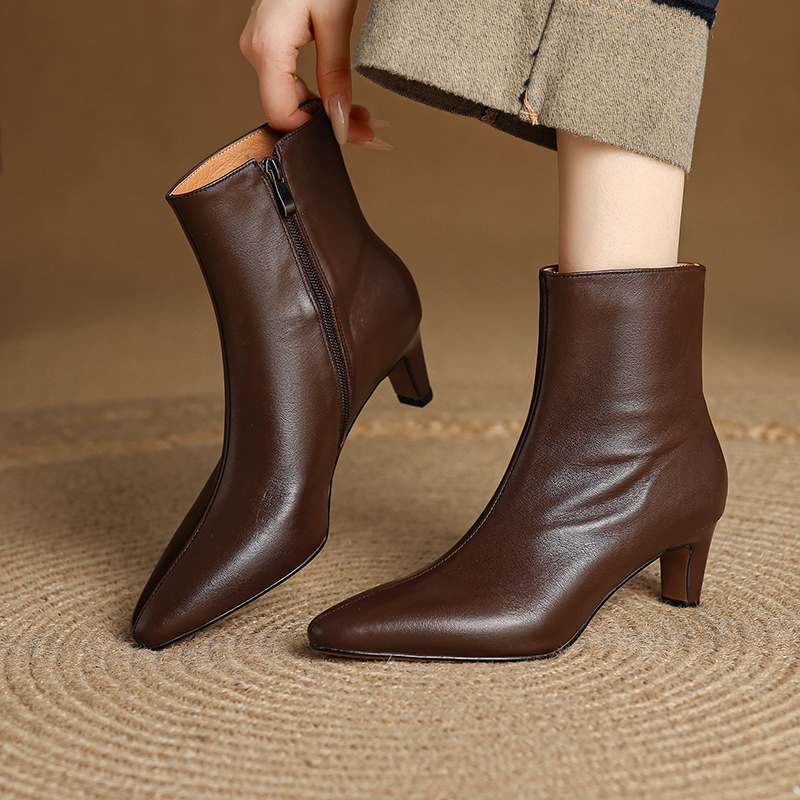 牛皮时尚显瘦气质尖头短靴粗跟5CM法式复古百搭短靴秋冬