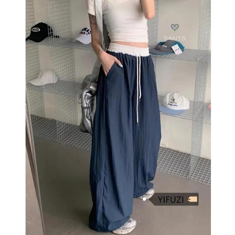 黑色慵懒风宽松阔腿裤运动裤女早春高腰小众拼接休闲裤拖地直筒裤