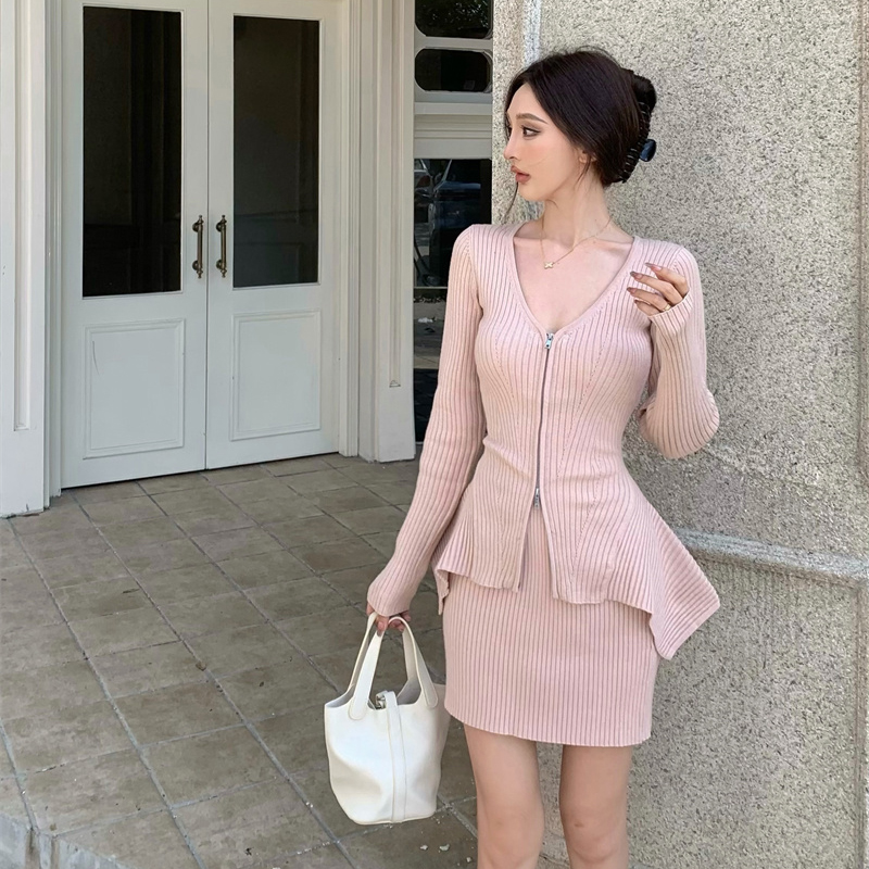 优雅洋气纯欲修身显瘦拉链针织毛衣半身套装