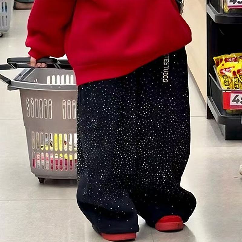 【星光闪耀】爆闪新年卫裤2026新款加厚羊驼绒儿童闪钻休闲弯刀裤