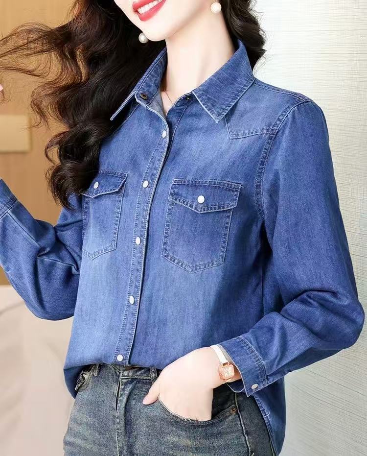 新款长袖女士全棉牛仔衬衫休闲时尚显瘦衬衣971