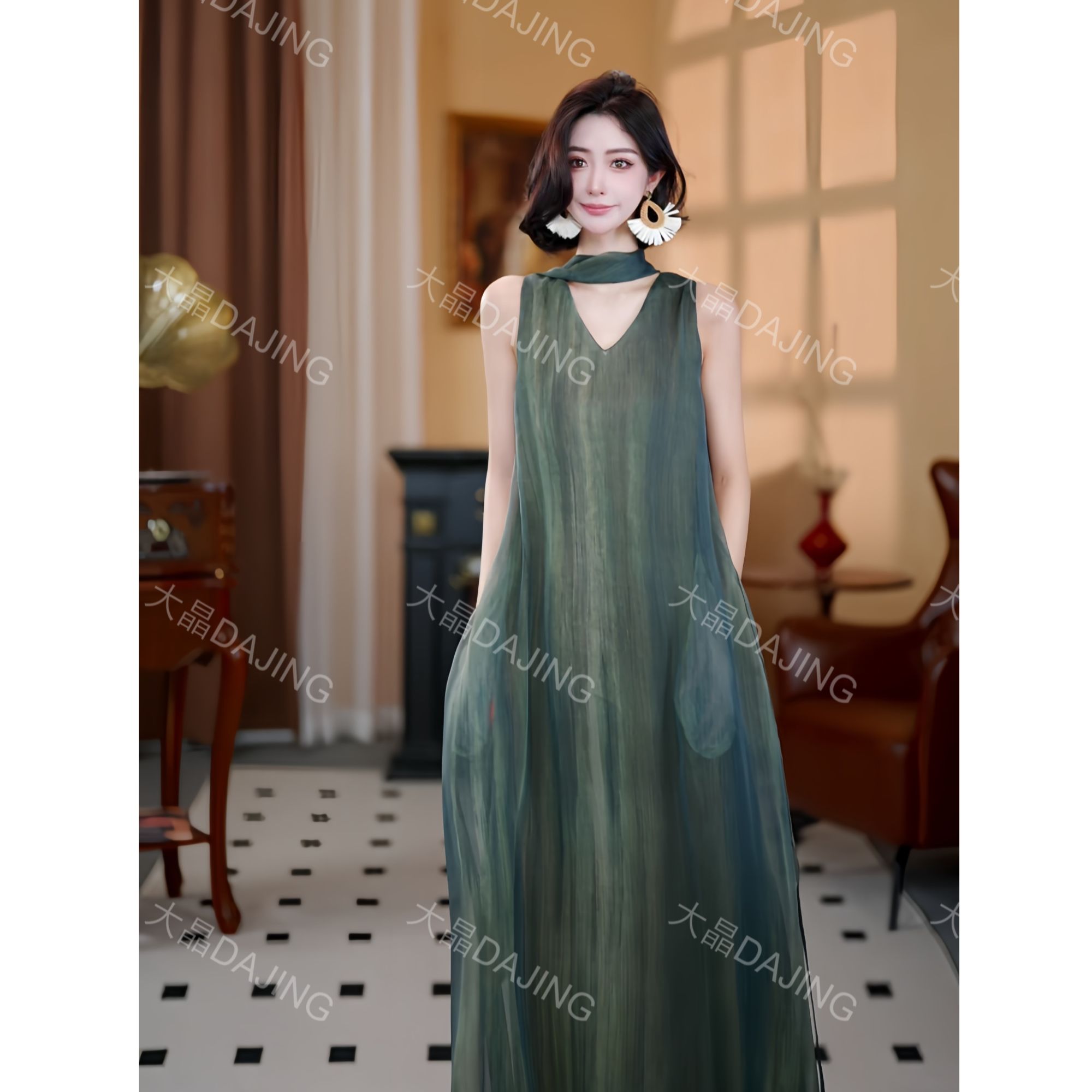 【大晶定制】夏季新款慵懒挂脖度假双层网纱无袖宽松长款连衣裙