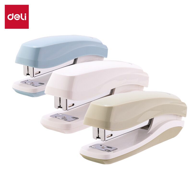 得力0350订书机莫兰迪色小号便携订书器办公学习多功能可旋转文具