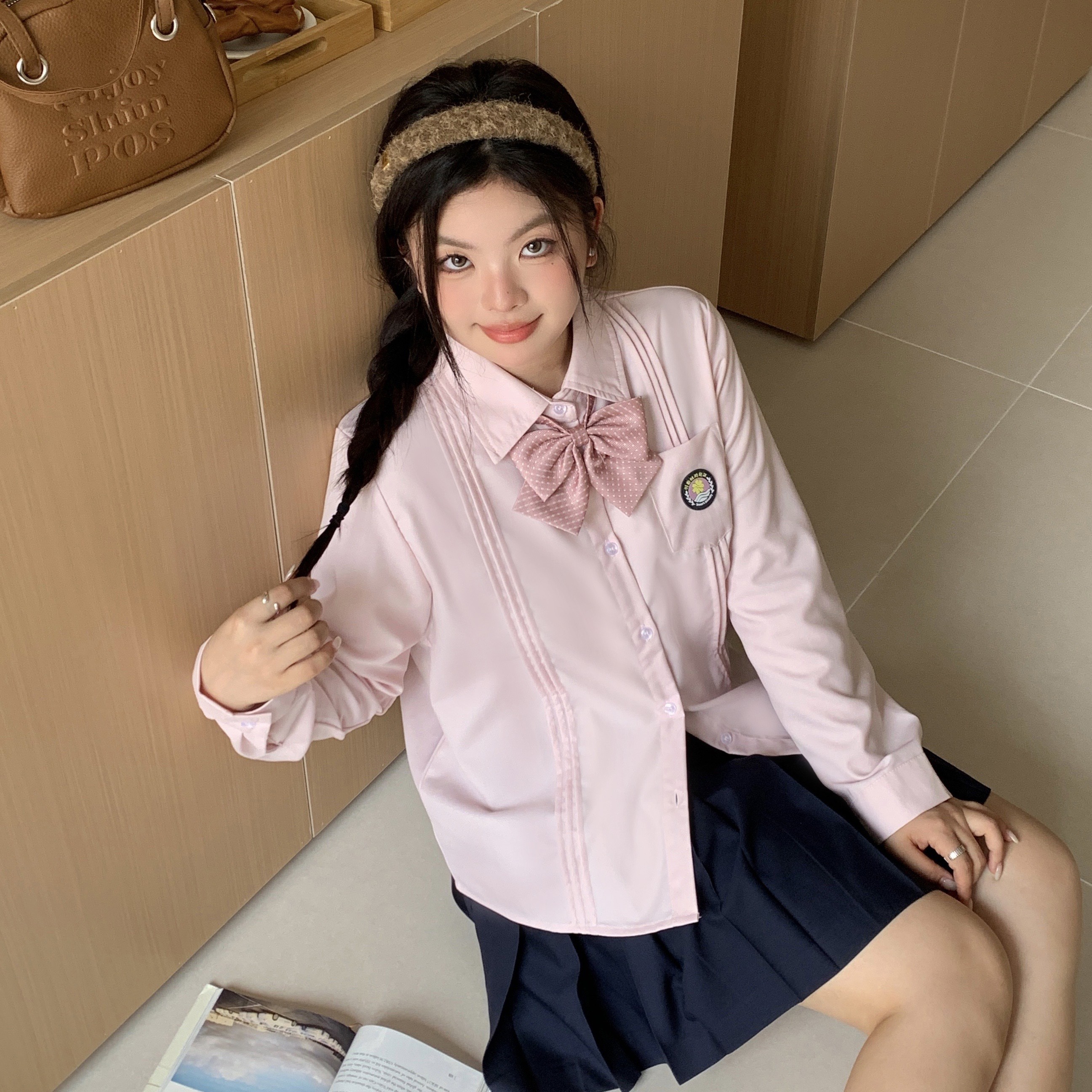 【拍2发6】阿车家的大码jk原创短袖衬衫日系学院风粉色衬衣显瘦上衣