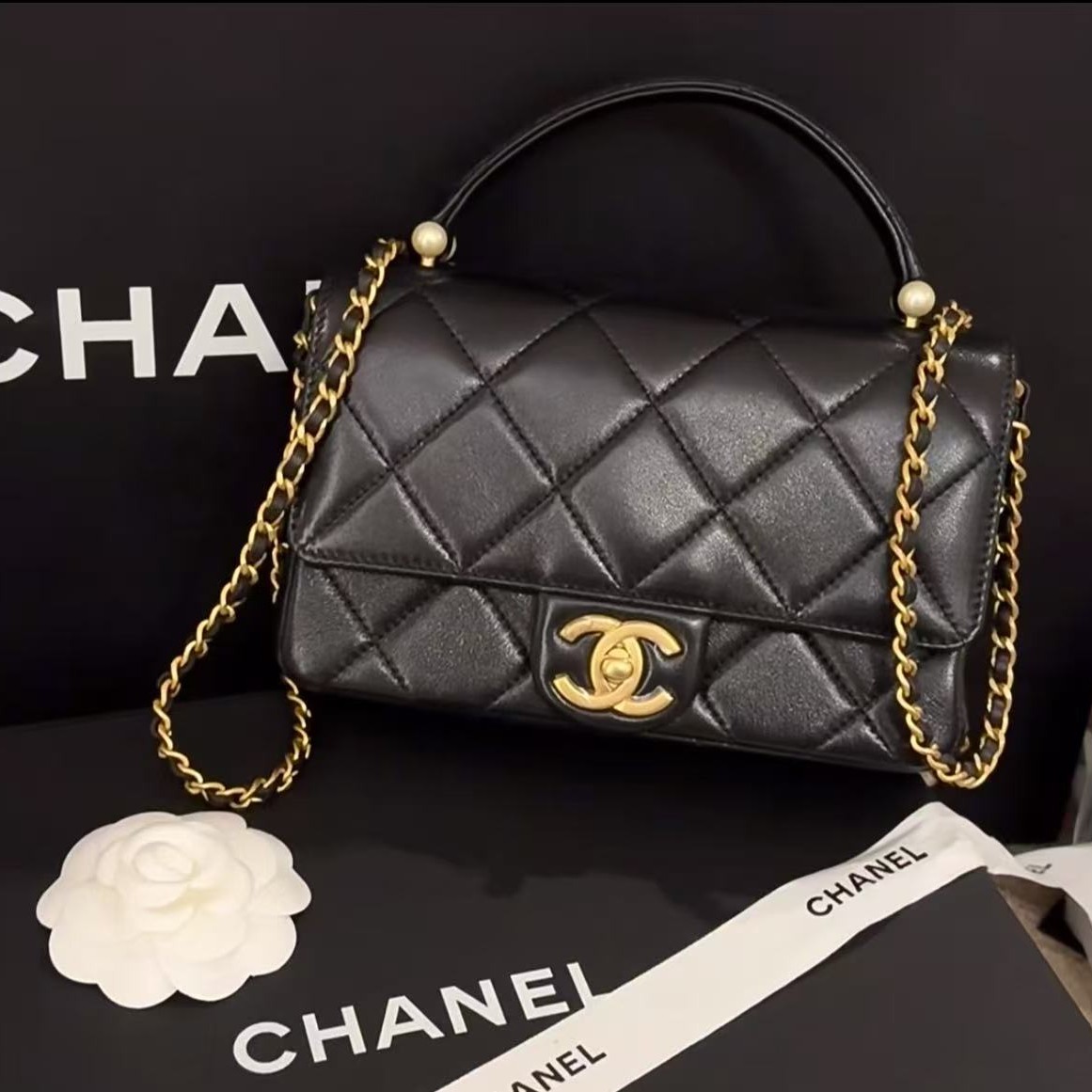 99新 Chanel/香奈儿 25P珍珠手柄链条包黑金羊/甄选
