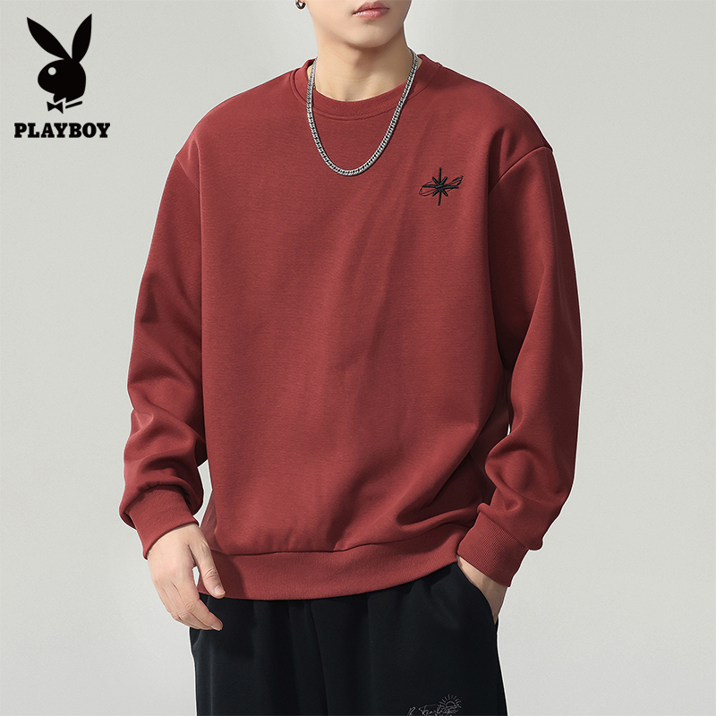 花花公子刺绣秋季情侣长袖圆领男士内搭卫衣2025无帽男士宽松上衣