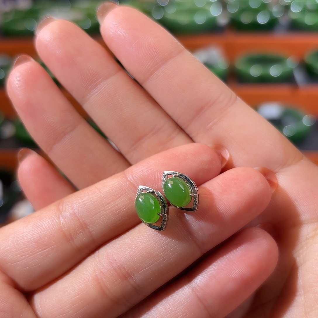 和田玉（碧玉）银S925镶嵌耳饰