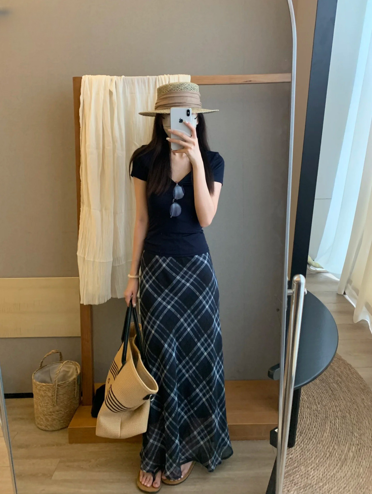 运补｝大码高级感复古显瘦修身T恤女+夏季收腰格子半身裙两件套