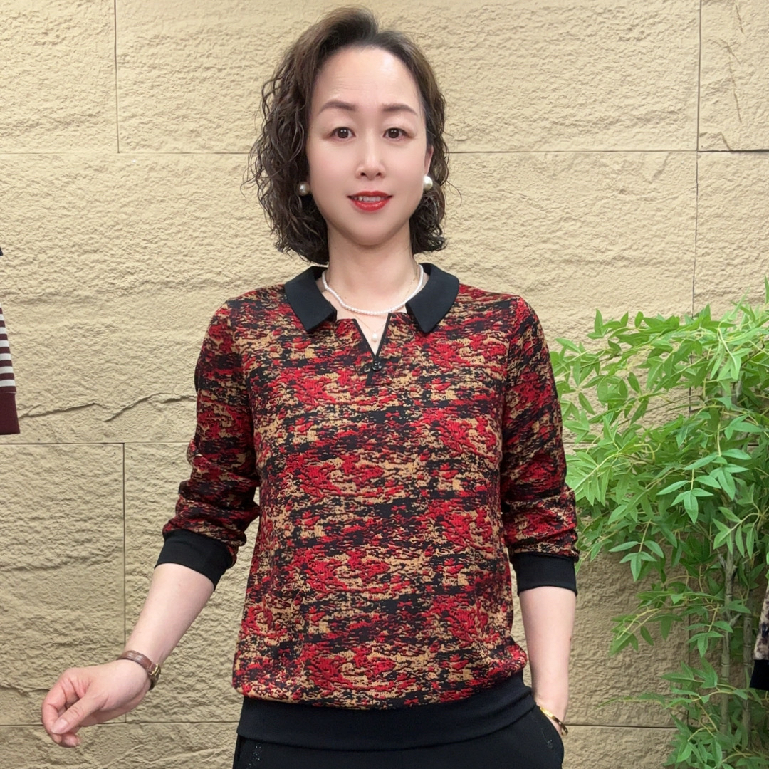 妈妈装秋装纽扣碎花长袖宽松半开领T恤洋气时尚气质翻领显瘦上衣