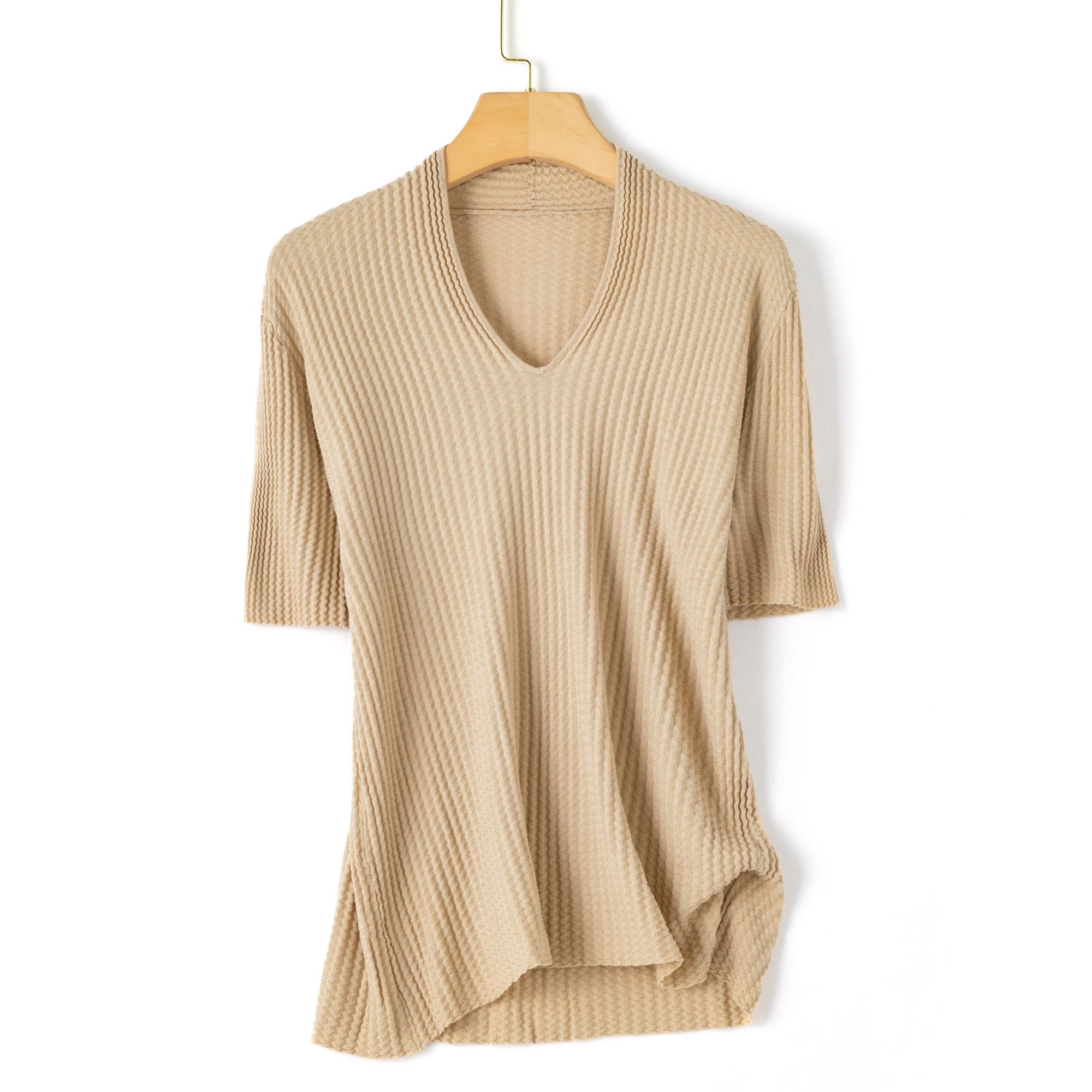 【莱赛尔+桑蚕丝】春夏女士V领针织百搭T恤薄款时尚菱纹短袖34002