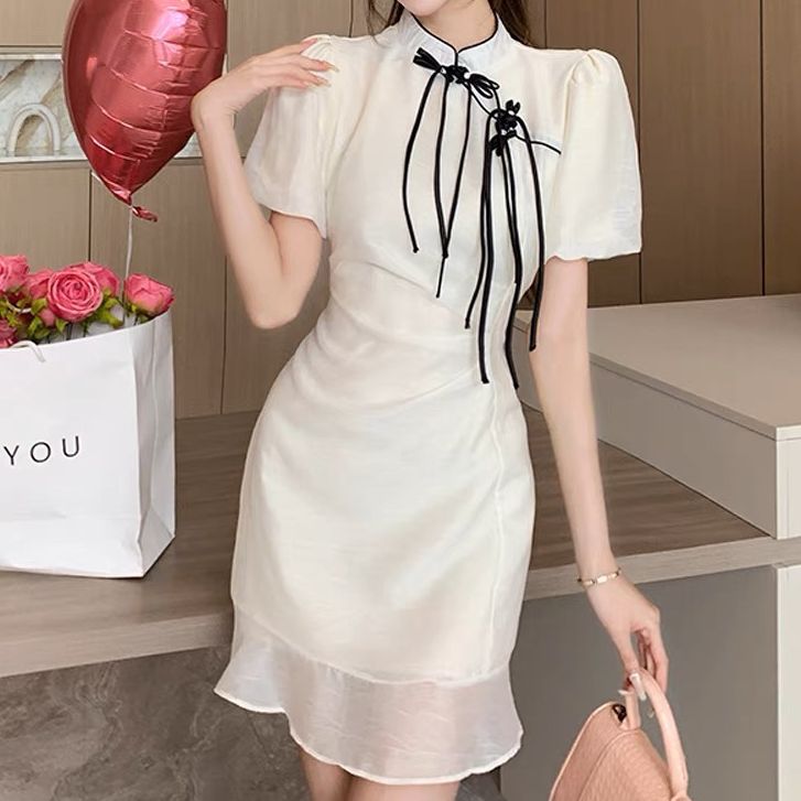 W00475新中式国风复古盘扣改良旗袍连衣裙女气质高级感水墨画