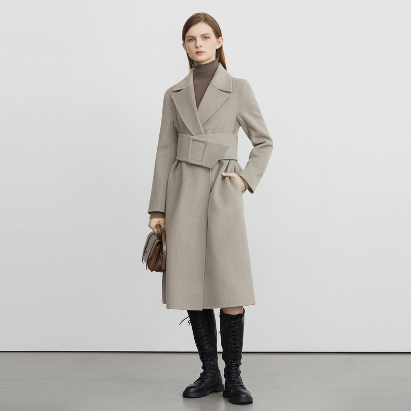 sdeer圣迪奥女装时尚气质百搭西装领收腰长款毛呢大衣S224Z2526