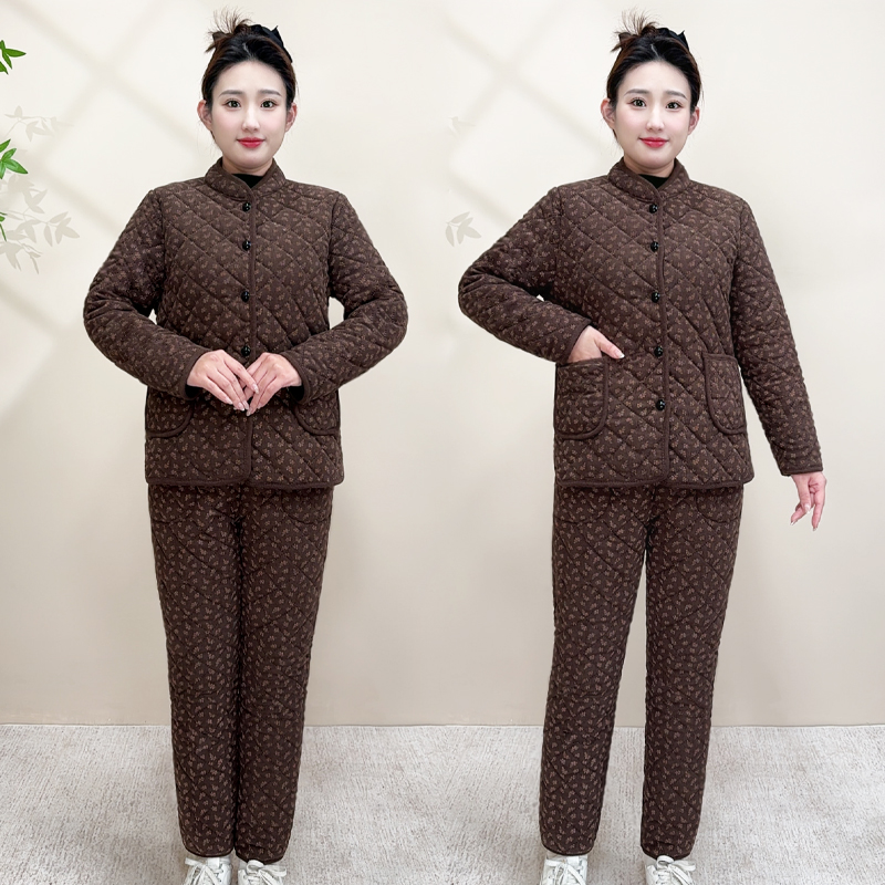 冬季时尚新款加绒加厚保暖中老年女士休闲百搭保暖居家服两件套装