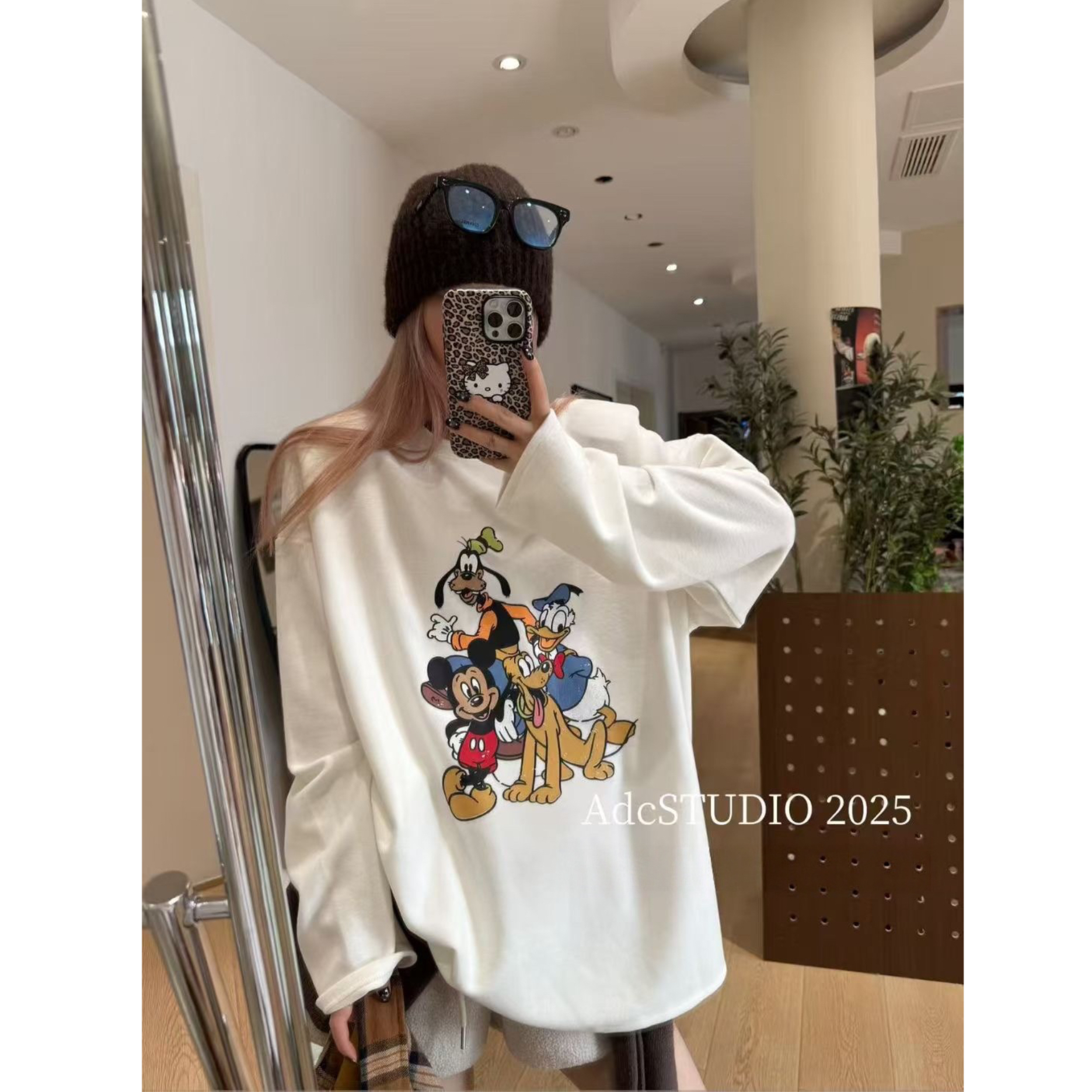 【现货-米奇全家福德绒打底】東room冬季新款百搭宽松米奇长袖T恤女