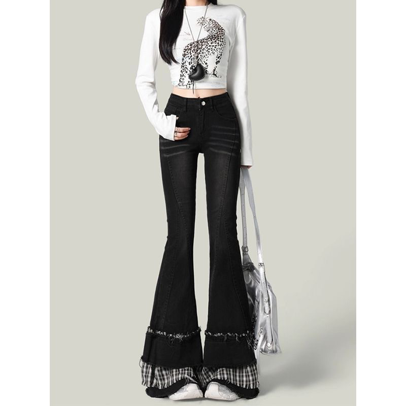 大码胖MM美式复古格纹拼接微喇牛仔裤女辣妹高腰修身显瘦喇叭裤