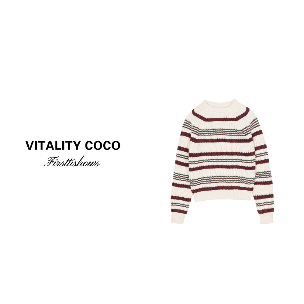 「VITALITY COCO」撞色条纹毛衣拼色条纹圆领休闲针织套头上衣-941