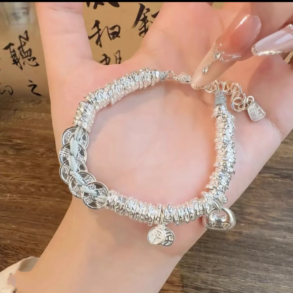 999.9足银五帝钱盘缠银手链平安喜乐编织银手绳国风礼物