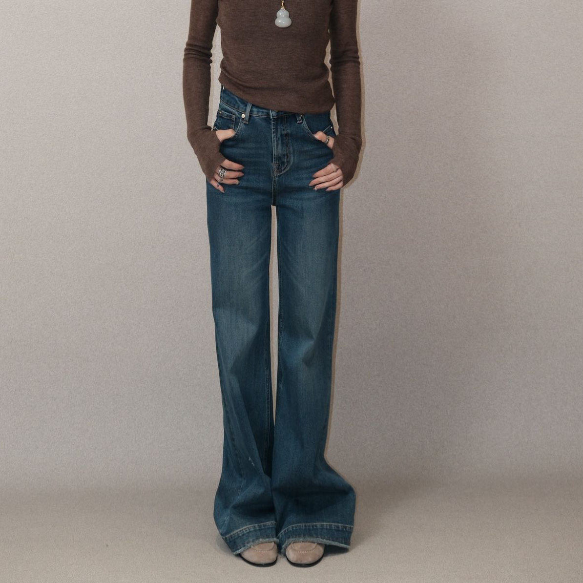 FUYUE复古深蓝色 "质感裤王"品质四面弹直筒微喇加厚牛仔长裤