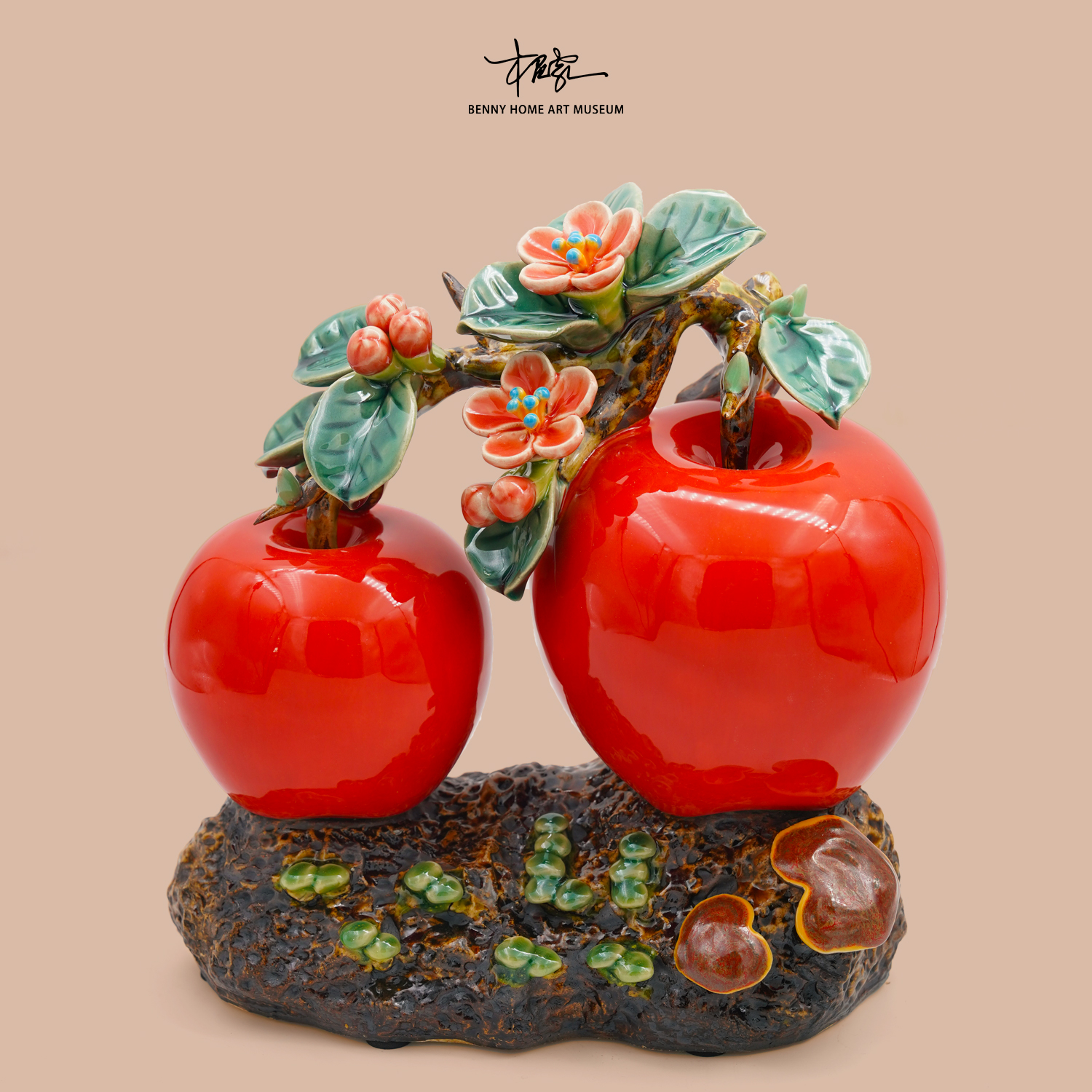 【本尼家】AM28非遗手工石湾陶摆件《平安如意》陶瓷苹果玄关装饰摆件