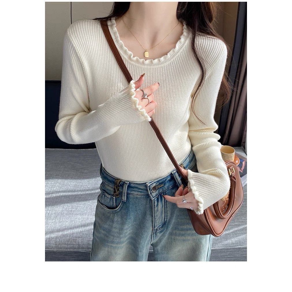 /花朵边三色打底/木耳边新款内搭圆领长袖针织打底衫 58018