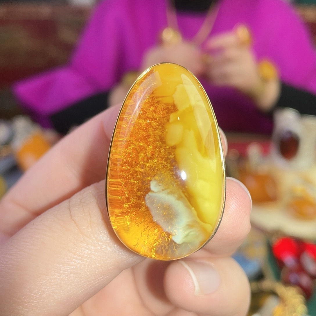 蜜蜡戒指银S925镀金镶嵌