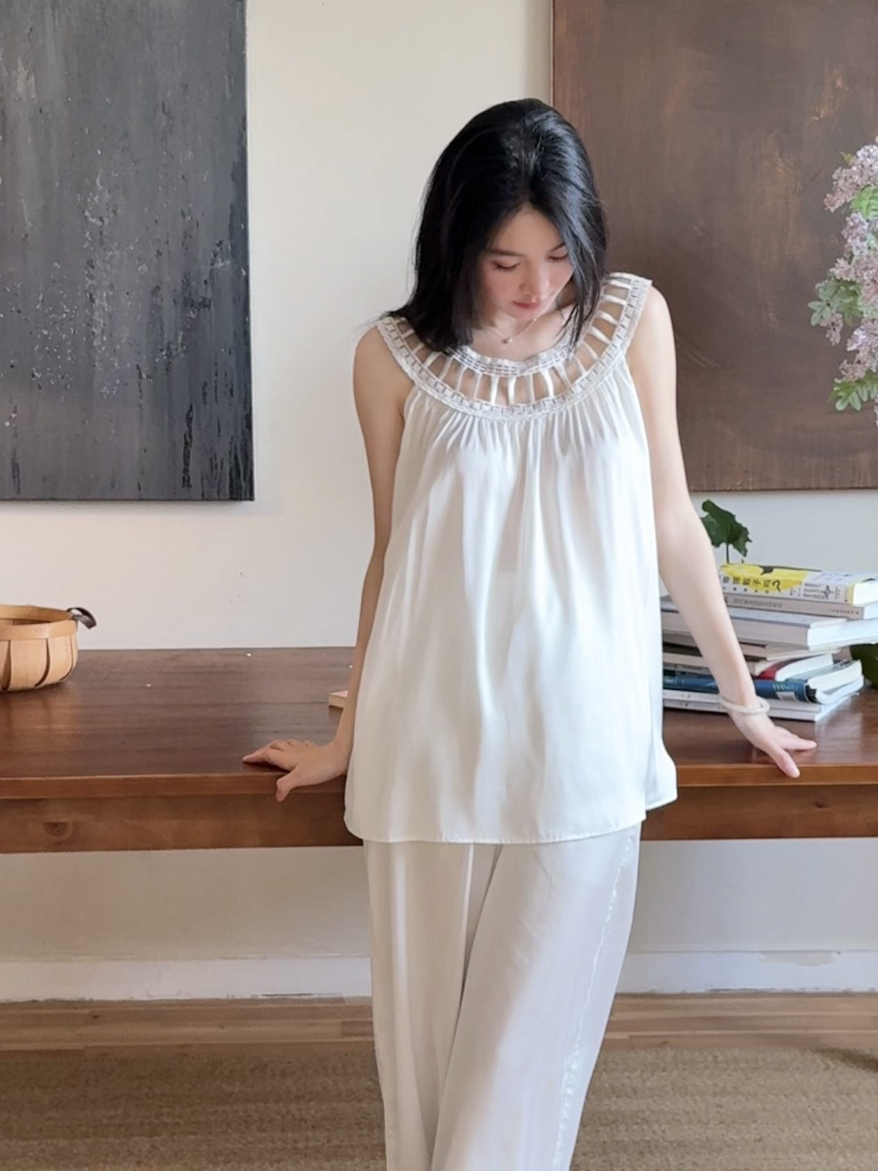 〈月光诗集〉法式少女蕾丝刺绣花边圆领吊带长裤睡裙家居服套装