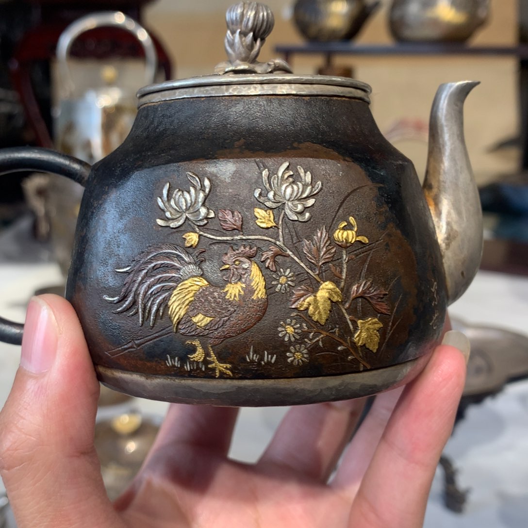 海*A名家金工手作铁包银小银壶