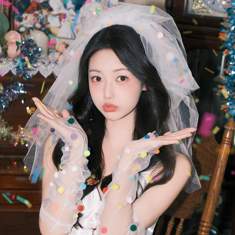 多巴胺头纱登记领证求婚头饰新娘结婚主婚纱彩色蓬蓬纱氛围感道具